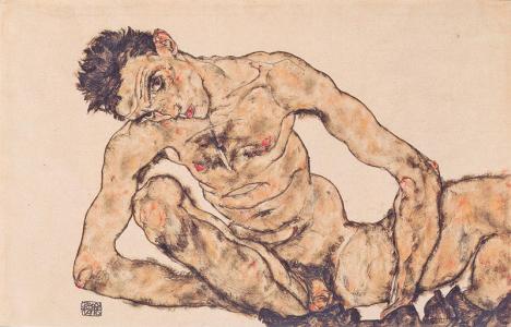 Egon Schiele (1890-1918), Autoportrait nu, 1916, crayon et gouache, 29 x 45 cm, musée Albertina, Vienne - Licence Public domain