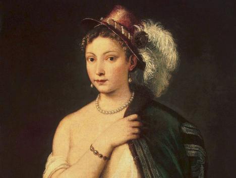 Titien, Jeune femme au chapeau à plumes, c. 1536, huile sur toile, 97 x 75 cm, Musée de l'Ermitage, Saint-Pétersbourg - Public domain