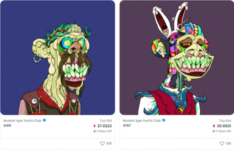 NFT #6410 et #4767 de la série « Mutant Ape Yacht Club » en vente sur le site OpenSea. © OpenSea