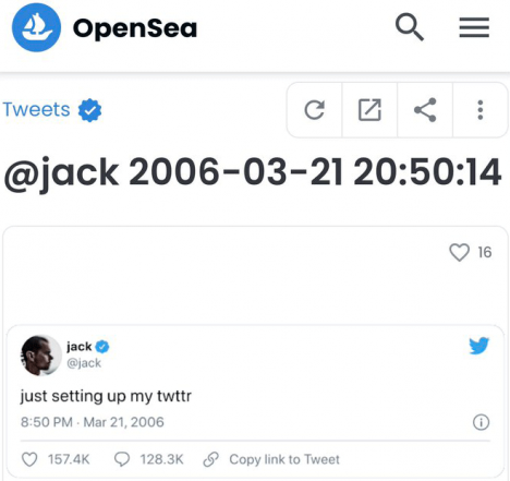 NFT du premier tweet de l'histoire, rédigé par Jack Dorsey le 21 mars 2006. © OpenSea