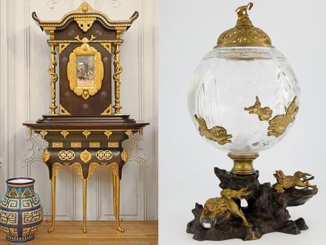 Escalier de Cristal, Aquarium, vers 1850, cristal, bronze, h. 45 cm. © Jorom-Derem / Édouard Lièvre, pour la maison L'Escalier de Cristal, Cabinet japonisant, meuble à deux corps, vers 1877, Musée d'Orsay, Paris. © Jean-Pierre Dalbéra