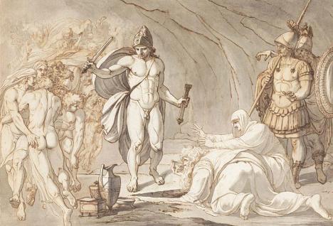 Johann Heinrich Lips, Ulysse visitant les Enfers, 1785, plume, encre brune et lavis d’encre, 45 x 66 cm. © Talabardon & Gautier