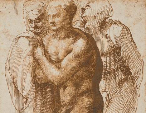 Michel-Ange Buonarroti (1475-1564), Un jeune homme nu (d’après Masaccio) entouré de deux autres figures (détail), plume et encre brune, 33 x 20 cm © Christie's images limited