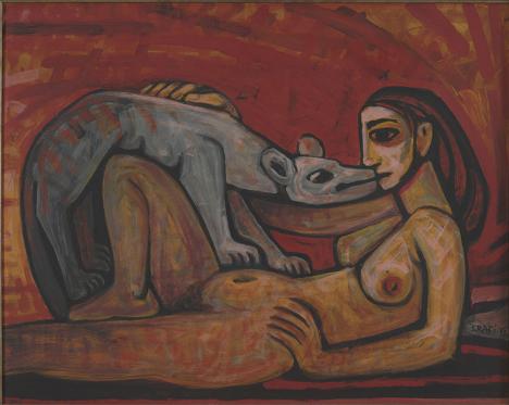 Samir Rafi, Femme au loup, 1973, huile sur Masonite, 72 x 90 cm. © Saleh Barakat Gallery