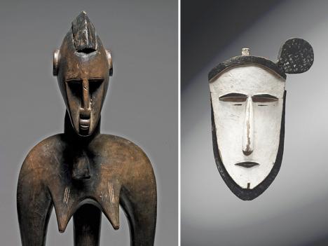 Cette statue féminine Sénoufo (debble), Côte d’Ivoire, est la pièce africaine la plus chère de l'histoire : elle a été vendue pour 9,7 M€ par Sotheby's New York en 2014. © Sotheby's Art Digital Studio. & Masque blanc des îles Mortlock (îles Carolines) adjugé 9,2 millions d’euros en juin 2021, un record pour l'art d'Océanie. © Christie's Images Ltd 2022 