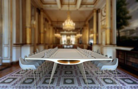 Medulla, la nouvelle table du Conseil des ministres conçue par les designers Etienne Bordes, Lucille Poous, Julien Roos et Misia Moreau. © Mobilier National, 2022