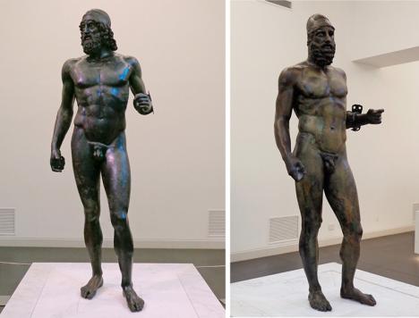 Les bronzes de Riace, sculptures grecques en bronze de près de 2 mètres de haut, Ve siècle av. J.-C. Musée national de Reggio de Calabre. Photo Effems, CC BY-SA 4.0
