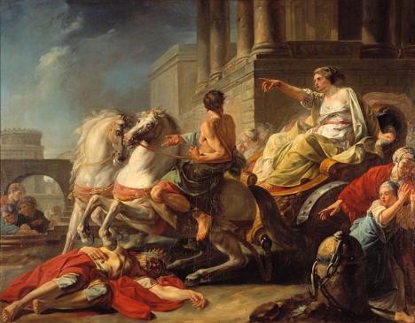 Jean Bardin (1732-1809), Tullie faisant passer son char sur le corps de son père, 1765, huile sur toile, 114 x 145 cm, Mayence, Landesmuseum Mainz. © GDKE RLP / Ursula Rudischer. 