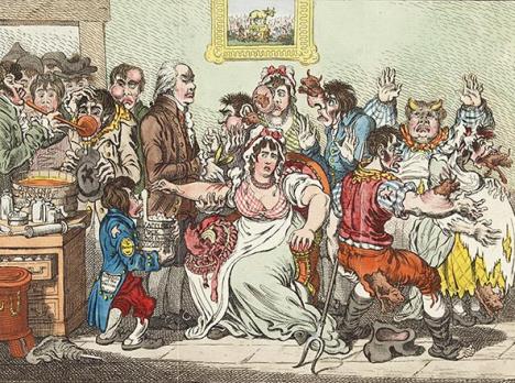 Caricature anglaise sur les craintes des effets de la vaccine (vaccination pré-Pasteur, c’est-à-dire introduction dans le corps humain d’une forme bénigne de la variole des vaches – le cowpox), 1802. © Paris Musées / Musée Carnavalet