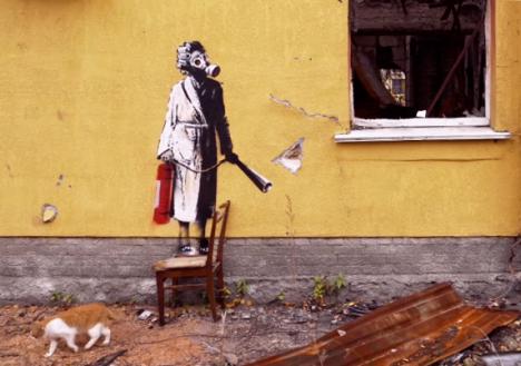 Œuvre de Banksy réalisée à Gostomel, près de Kiev (Ukraine) en novembre 2022. © Banksy