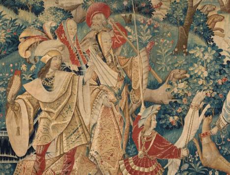 La tapisserie « Chasses et voleries impériales de Maximilien 1er en forêt de Soignes » (détail), début XVIe, Flandre, atelier de la ville de Tournai. © Aguttes