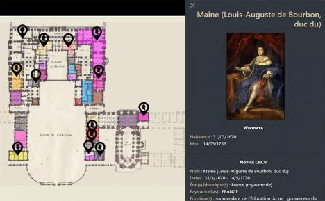 Exemple d'une géolocalisation de personnage sur Immersailles : Louis-Auguste de Bourbon, duc du Maine (1670-1736), un des fils de Madame de Montespan © Centre de recherche du château de Versailles