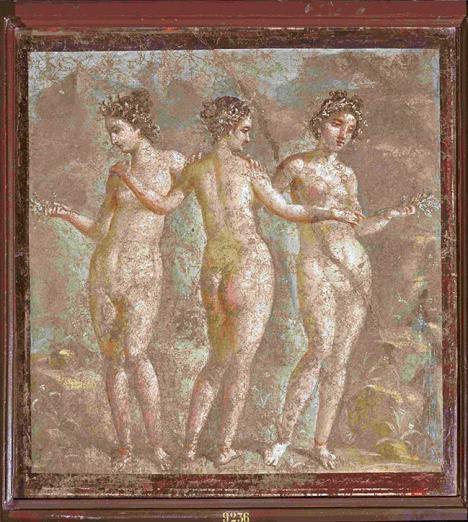 Trois Grâces, fresque provenant du site de Pompéi, 57 x 53 cm, Naples, Musée archéologique national. © Ministero della Cultura  / Museo Archeologico Nazionale di Napoli, Archivio Fotografico