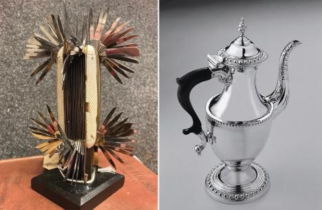 Un couteau contenant 104 lames pliantes (XIXe s.) et une cafetière (1773) de Matthew Fenton Richard et William Watson, sont deux des objets dérobés au Musée Kelham Island. © Sheffield Museums.
