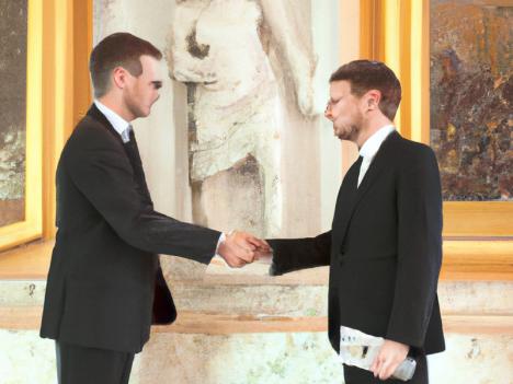 Image générée par l'intelligence artificielle Dall·E : deux hommes d'affaire échangent de l'argent dans un musée. © Dall.E