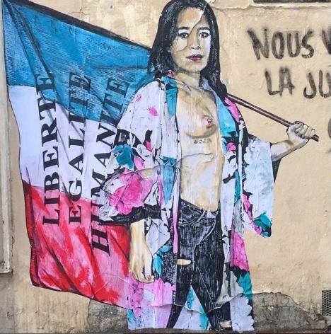 Combo, Marianne asiatique, 2017, peinture murale utilisée sans autorisation dans un clip de campagne de La France insoumise. Courtesy Combo
