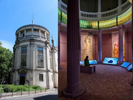 Le Musée Guimet à Lyon en 2015 et sa salle ronde lors de la Biennale d’art contemporain en 2022 - Photos Xavier Caré, CC BY-SA 4.0 / Romainbehar CC0 1.0
