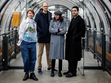Les quatre finalistes du prix Marcel Duchamp 2023 : Bertille Bak, Bouchra Khalili, Massinissa Selmani et Tarik Kiswanson. © Julie Ansiau