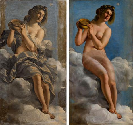 Artemisia Gentileschi (1593-1656), Allégorie de l'inclination, 1616, 152 x 61 cm, huile sur toile : à gauche, avant la restauration, avec les voiles ajoutés en 1686, à droite la restauration numérique © Casa Buonarroti, Florence