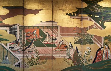 Paravent à six volets, illustration du Genji Monogatari, époque Momoyama, fin XVIe-début XVIIe siècle, collection particulière. © Marc Boyadjian. 
