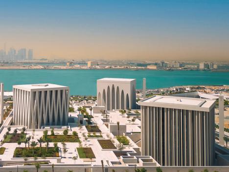 Vue aérienne de la « Maison de la famille abrahamique » sur l’île de Saadiyat située à 500 mètres au large de la ville d'Abou Dabi, capitale des Émirats arabes unis. © Abrahamic Family House