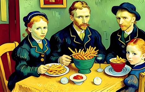 Parodie des Mangeurs de pommes de terre de Van Gogh générée par l'intelligence artificielle Stable Diffusion. © Ziko, 2023, CC0 1.0
