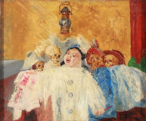 James Ensor (1860-1949), Pierrot et squelettes, 1905, oeuvre présentée à l'exposition « James Ensor : Maestro » © KBC Bank NV, Brussel