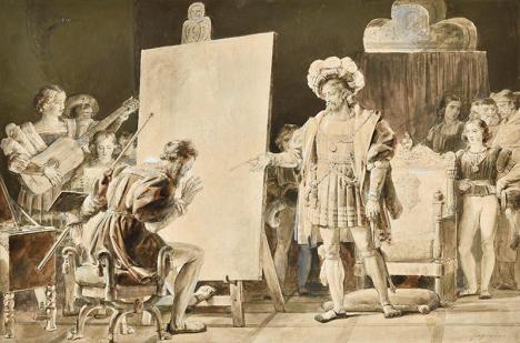 Alexandre-Évariste Fragonard (1780-1850), Charles Quint ramassant le pinceau du Titien, crayon noir, plume, encre brune, rehauts de gouache blanche, 31 x 46 cm. © Galerie Fabienne Fiacre