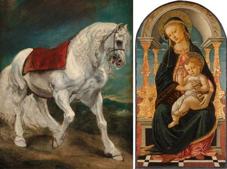 Antoine van Dyck, Cheval andalou, vers 1621, huile sur toile, 132 x 106 cm. © Christie's Images Ltd. 2024 | Sandro Botticelli, Vierge à l'enfant sur un trône, 83 x 44 cm. © Sotheby's