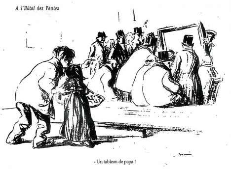 « À l'hôtel des ventes - un tableau de papa ! », caricature de Jean-Louis Forain (1852-1931) publiée en 1920 à propos de la vente de L’Angélus de Jean-François Millet. © D.R.