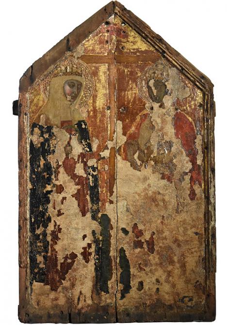 Ferrer Bassa (actif entre 1324 et 1348), panneau représentant sainte Hélène et Constantin tenant la Sainte Croix. © Collection et clichés Ville de Brive – musée Labenche