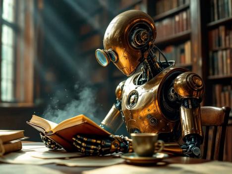 Robot lisant dans une bibliothèque, image générée par IA. Domaine public