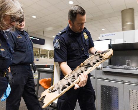 Des douaniers américains examinent un bas-relief en bois dans un aéroport. © US Department of Homeland Security