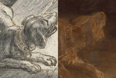 Comparaison entre le chien de La Ronde de nuit de Rembrandt et le dessin de Van de Venne. © Rijksmuseum