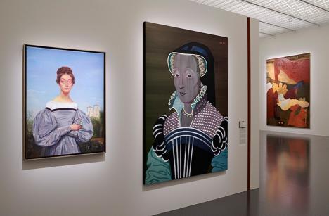 Nina Childress, Pascale after Vernet, 2025 et Dame after Clouet, 2025, Edgar Sarin, La Mort de la Vierge, 2025. © Centre Pompidou-Metz / Marc Domage © Adagp Paris 2025