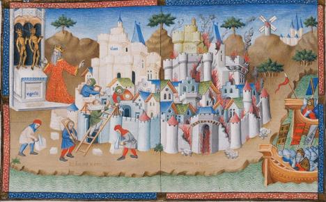 La construction et la destruction de la ville de Troie, miniature extraite du manuscrit La Cité de Dieu, folio 66, c. 1405. © Philadelphia Museum of Art