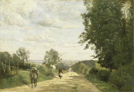 Le tableau volé en 1998 au Louvre de Jean-Baptiste Camille Corot (1796–1875) : Le chemin de Sèvres. Vue sur Paris, 1850 / 1875, 34 x 49 cm, huile sur toile, legs Georges Thomy-Thierry, 1902