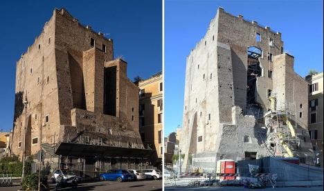 La Torre dei Conti (La tour des Conti) avant et après l'effondrement partiel de sa façade le 3 novembre 2025 à Rome. © IlMarcheseDelGrillo / Indeciso42, CC BY-SA 4.0