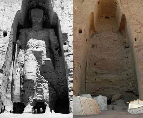 Le Buddha de Bamiyan avant et après la destruction © Photo : Tsui - 2009 - Licence CC BY-SA 3.0