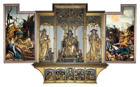 Matthias Grünewald, <em>Le Retable d'Issenheim</em> (1512-1516), 2ème ouverture - Musée Unterlinden de Colmar Détail du panneau de La Visite de saint Antoine à saint Paul ermite avec la partie droite restaurée 