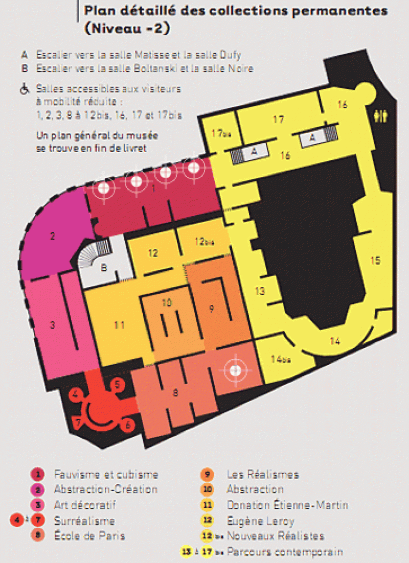 Plan détaillé des salles des collections permanentes du Musée d'art moderne de la Ville de Paris. Les cibles symbolisent les emplacements des 5 tableaux volés.