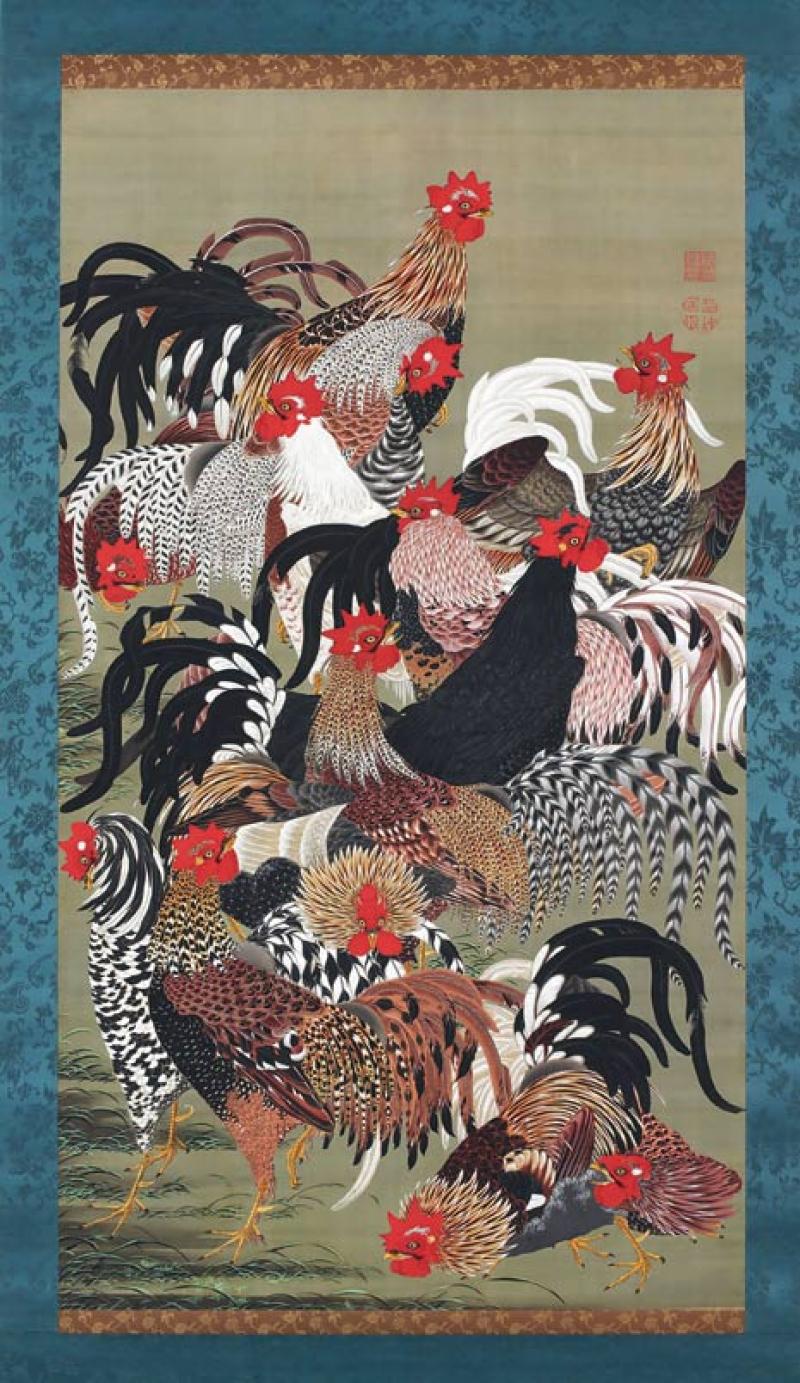 Ito Jakuchu, <em>Coqs>/em>, de la série du <em>Royaume coloré des êtres vivants</em>, 1765.