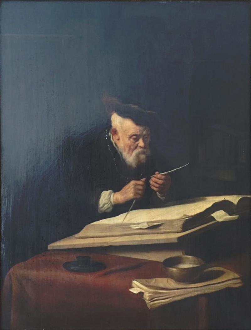 Salomon Koninck (1609-1656), <em>Vieillard taillant sa plume</em>, huile sur toile, 67 x 51 cm