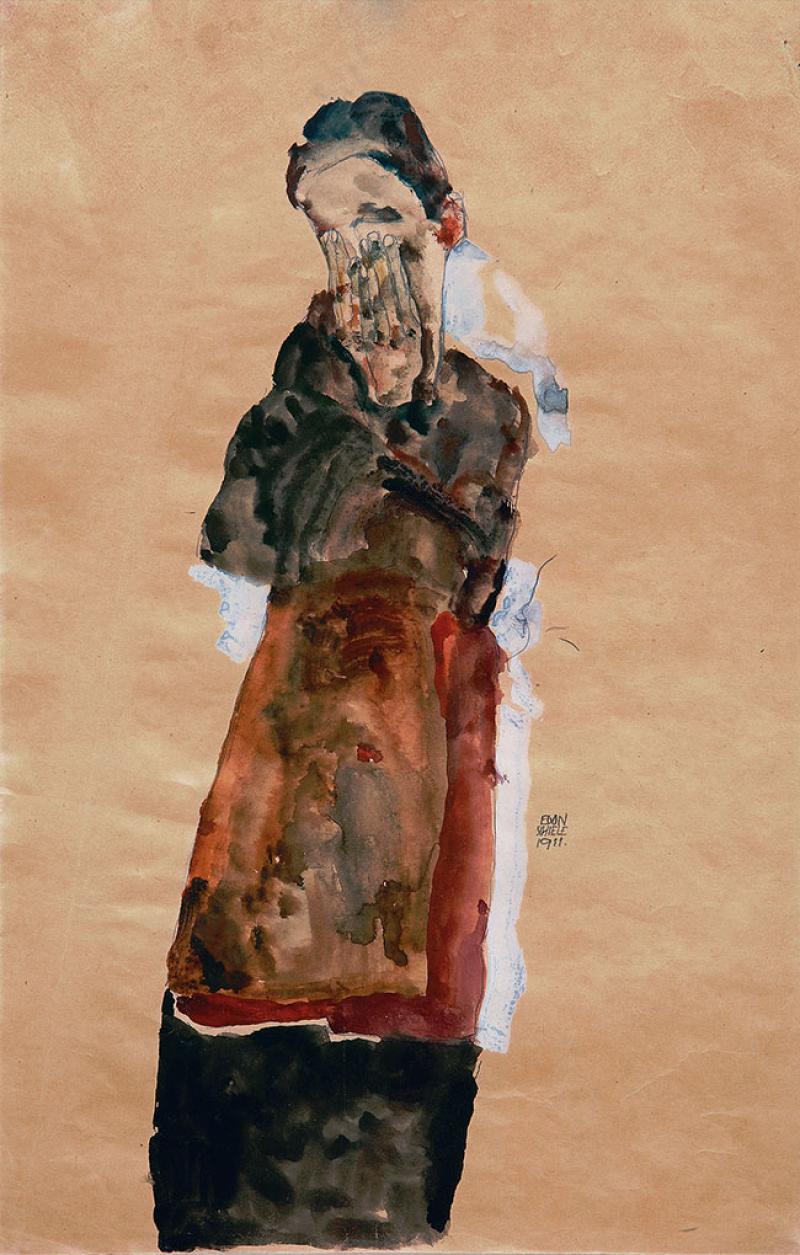 Egon Schiele, Femme debout se couvrant le visage avec les deux mains, 1911, gouache, aquarelle et crayon sur papier, 44,7 x 31,5 cm, Courtesy Wienerroither & Kohlbacher, Vienne