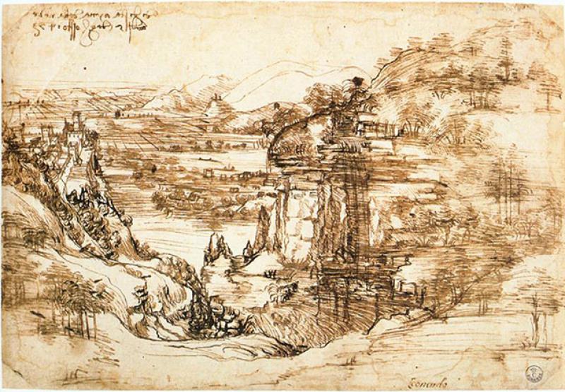 Léonard de Vinci, Le Paysage de la vallée de l'Arno ou Le Paysage, 19 × 28,5 cm, plume et encre, 5 août 1473, collection galerie des Offices, Florence