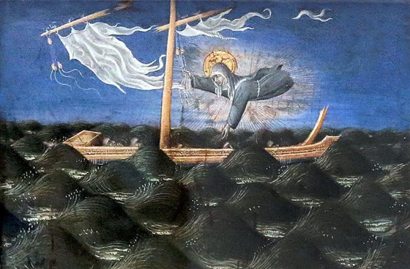 Giovanni di Paolo, Sainte Claire sauve des naufragés, c. 1455, huile sur bois, 20 x 29 cm. © Photo Wilafa, CC BY-SA 4.0.