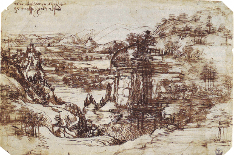 Léonard de Vinci, étude de paysage, 1473, 19 × 28,5 cm  © Galerie des Offices, Florence. 