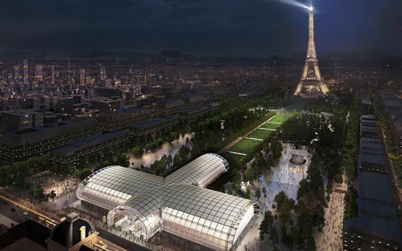 Projet du bâtiment éphémère sur le Champ-de-Mars à Paris qui accueillera les événements du Grand Palais © Wilmotte & Associés Architectes