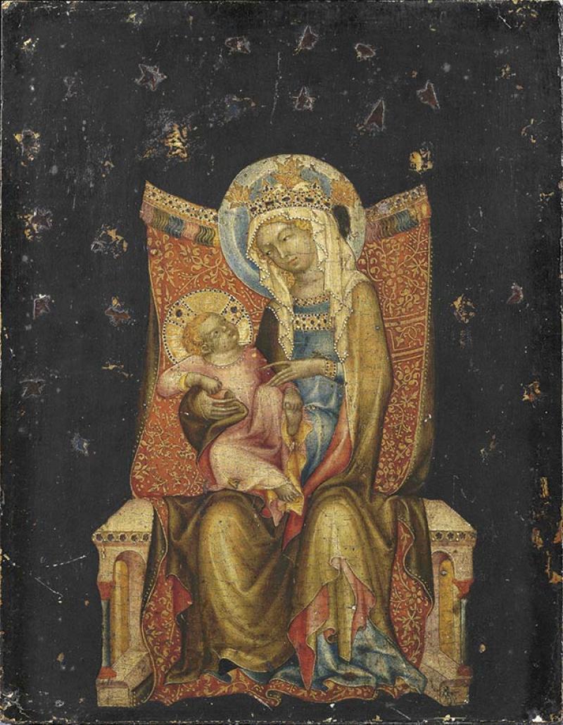 Maître de Vyšší Brod, Bohême, circa 1350, « La Vierge et l’Enfant en trône ». Peinture à l’œuf sur panneau de bois fruitier, 26 x 20 cm.