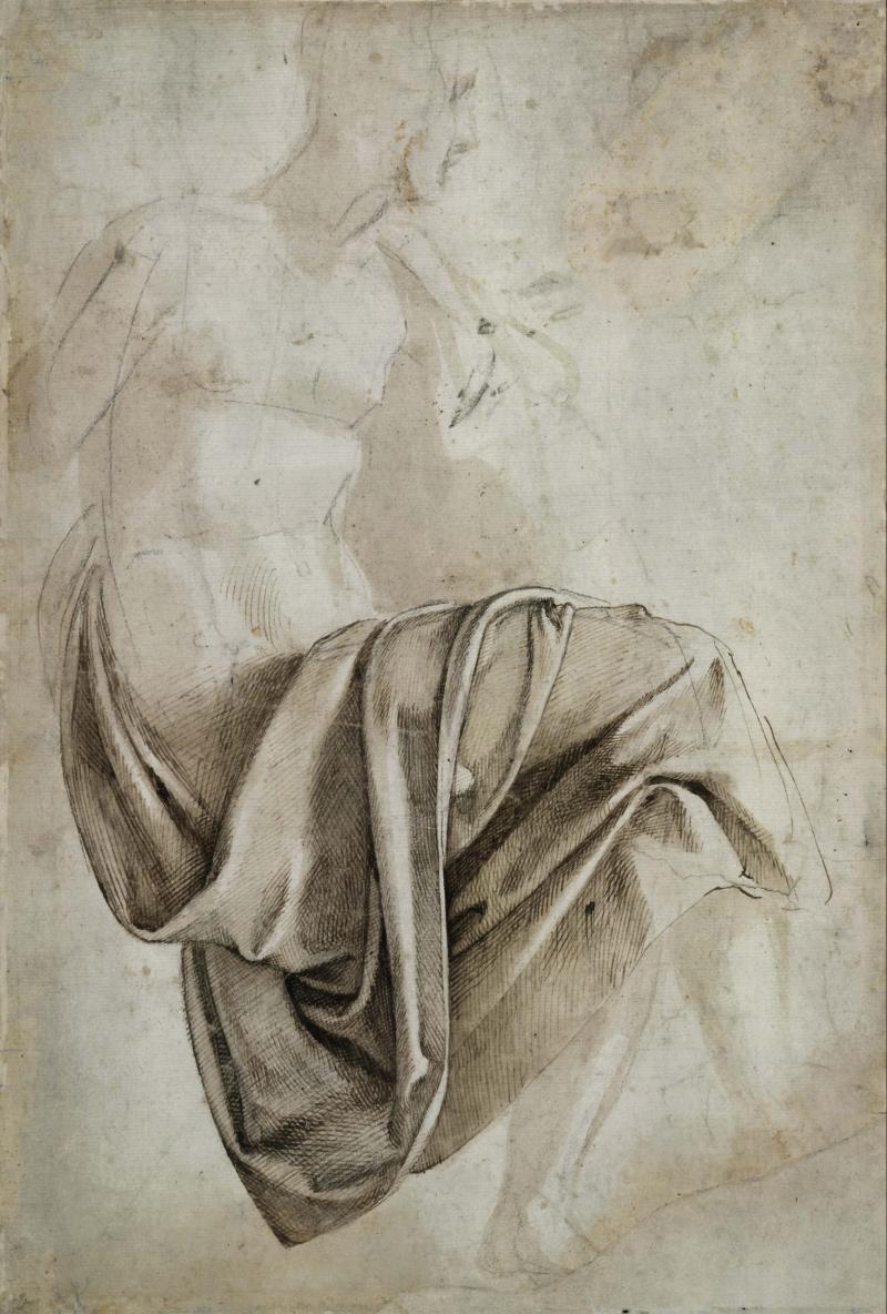 Michel-Ange, Étude de drapé pour la Sibylle érythréenne de la Chapelle Sixtine, début du XVIe siècle, encre brune et craie noire, British Museum, Londres. © The Trustees of the British Museum.